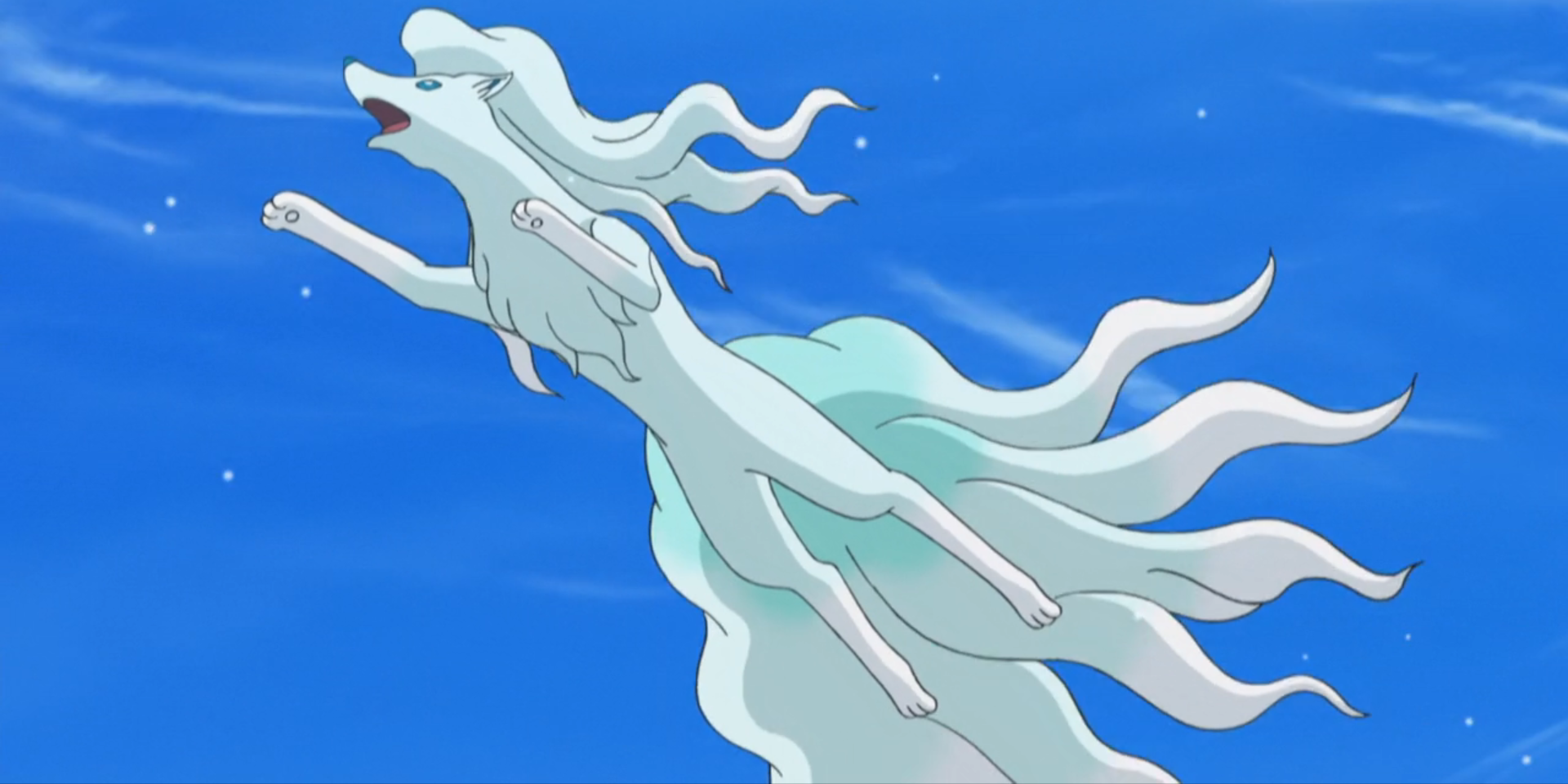 An Alolan Ninetales belonging to Sara in the Pokemon Sun & Moon anime jumping high across the sky