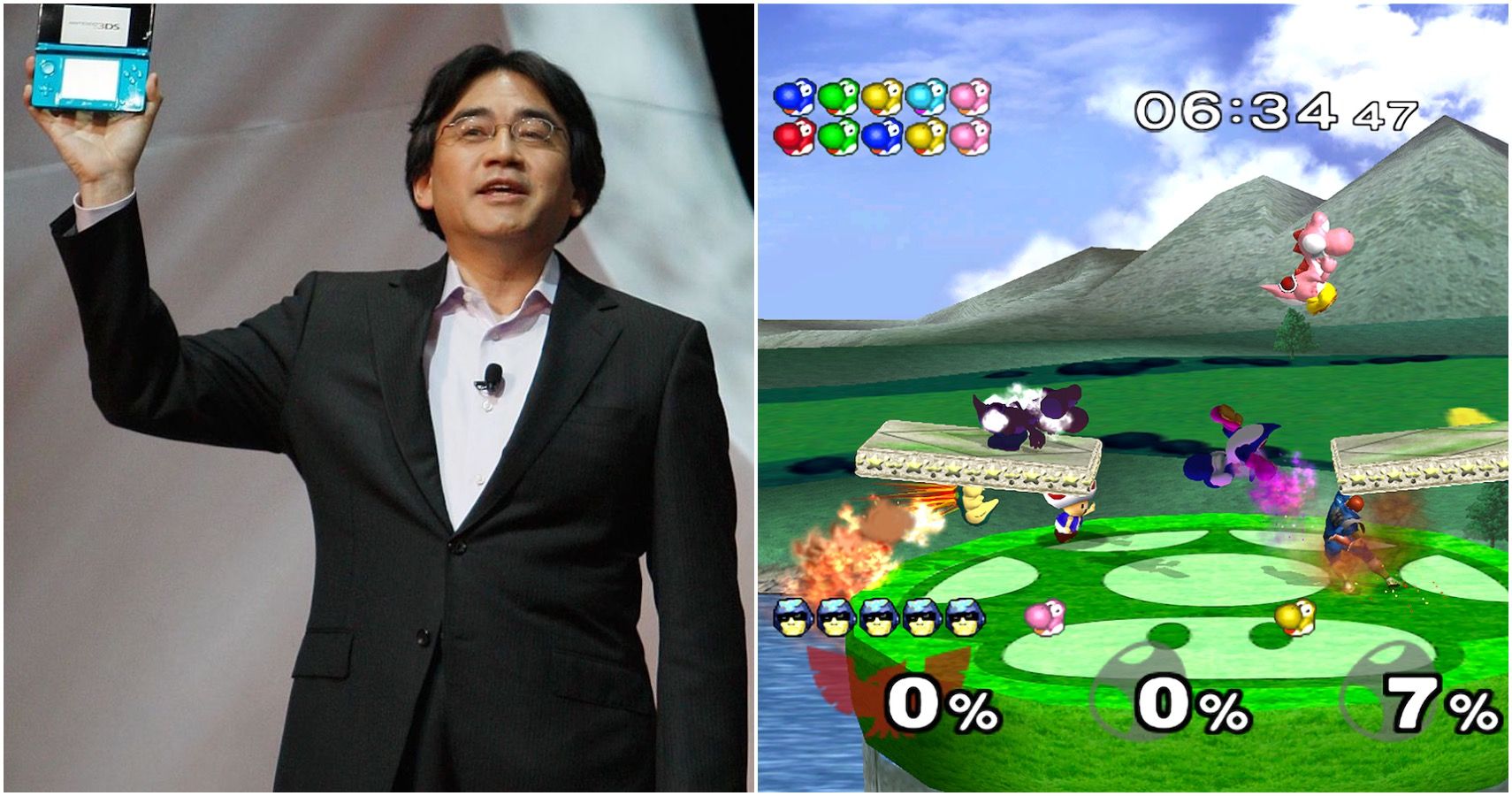 satoru iwata and smash bros melee split photo`satoru iwata and smash bros melee split photo