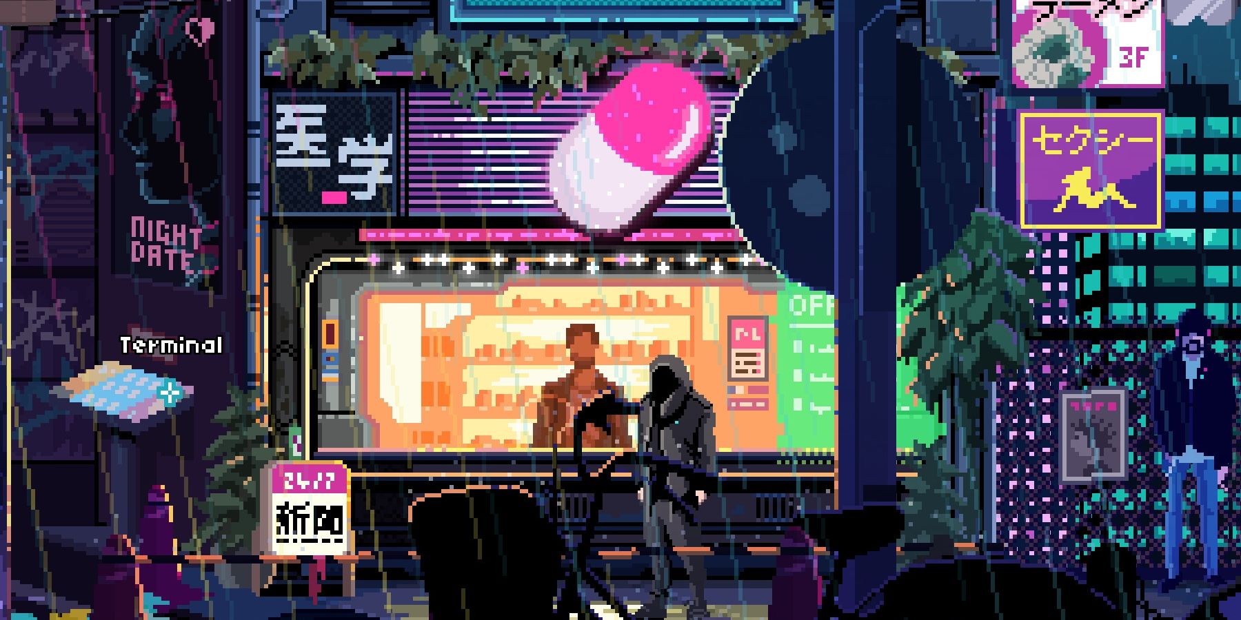 character standing in front of cyberpunk pharmacy