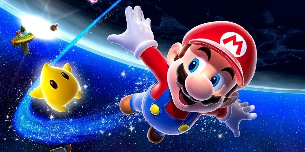Mario fllying in space with a few stars in Super Mario Galaxy
