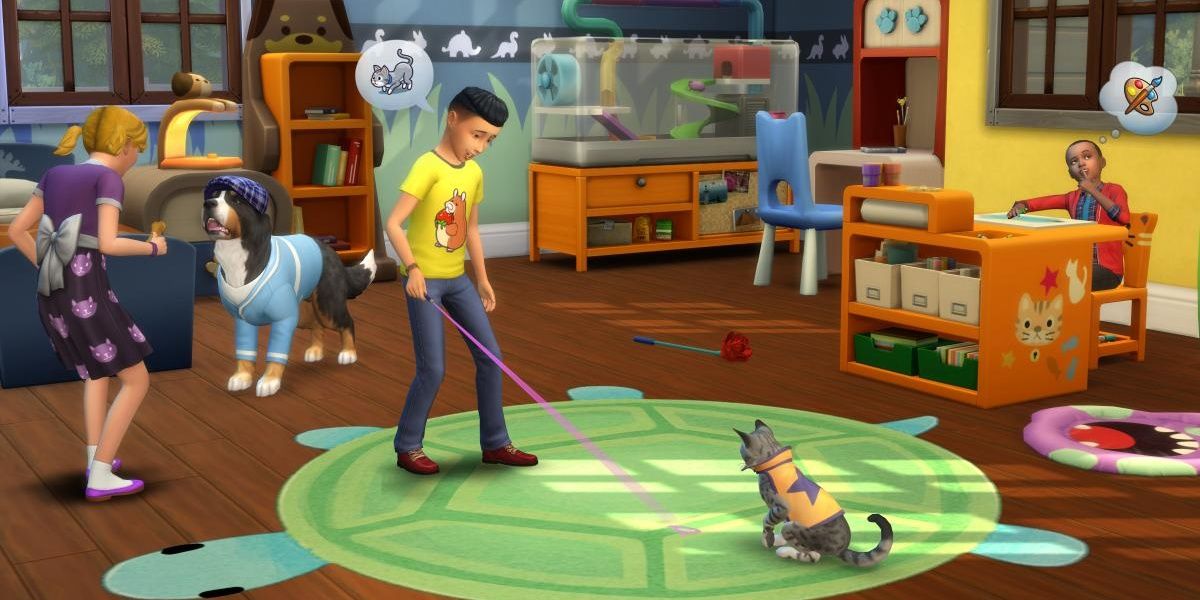 Children sims playing with dogs and cats
