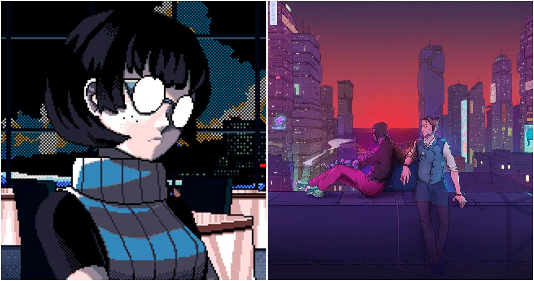 split image of girl in classes and men looking at cyberpunk city