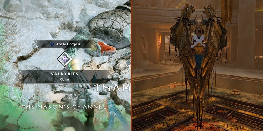 A collage showing the map location of Gunnr on the left and the Valkyrie protecting herself with her wings on the right.