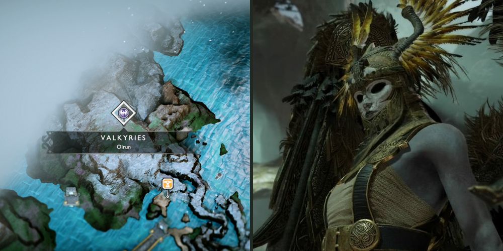 A collage showing the map location of Olrun on the left and a close shot of the Valkyrie's face on the right.