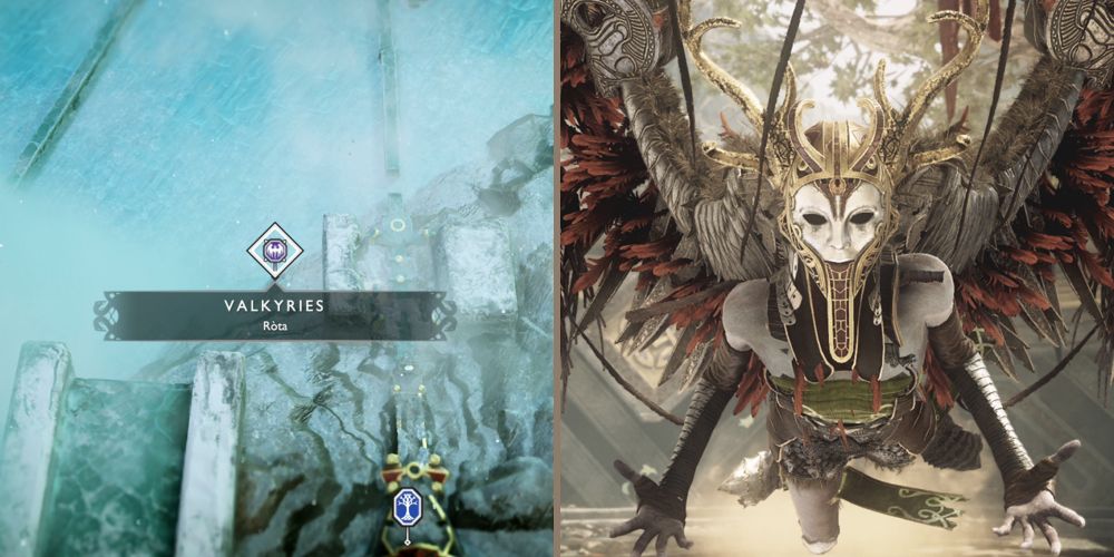 A collage showing the map location of Rota on the left and the Valkyrie flying towards you with both her arms opened on the right.