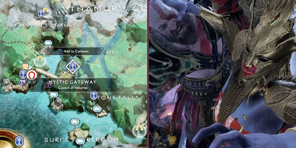 A collage showing the map location of Sigrun on the left and the Valkyrie grabbing Kratos' head on the right.