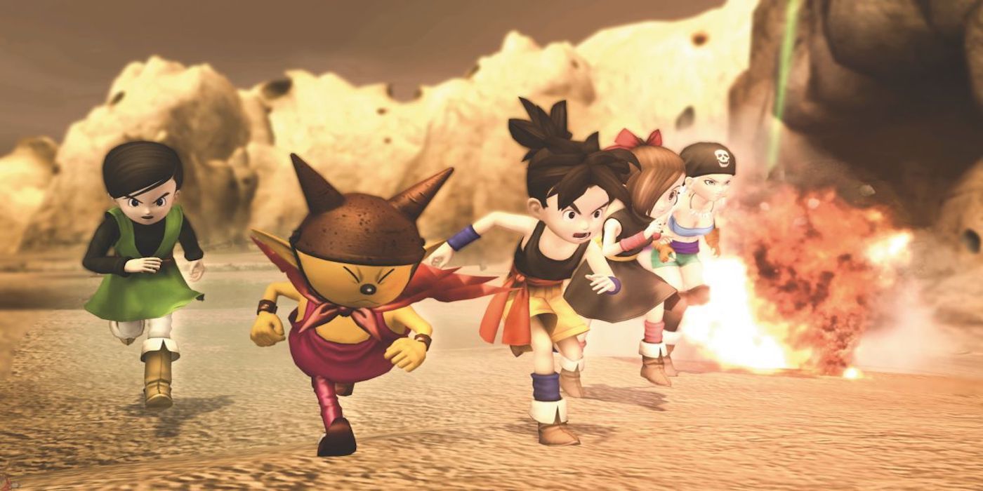 A screenshot from Blue Dragon, showing the party running from an explosion behind them