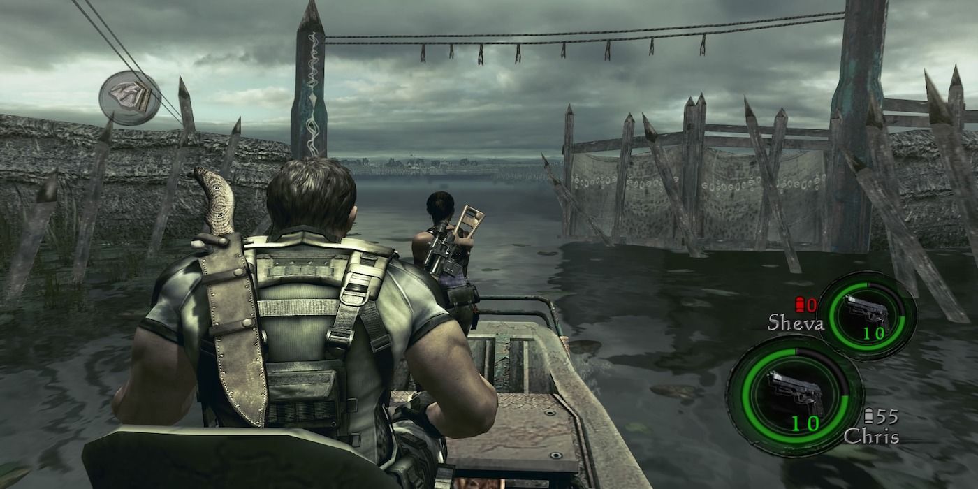 Chris and Sheeva riding a boat in Resident Evil 5