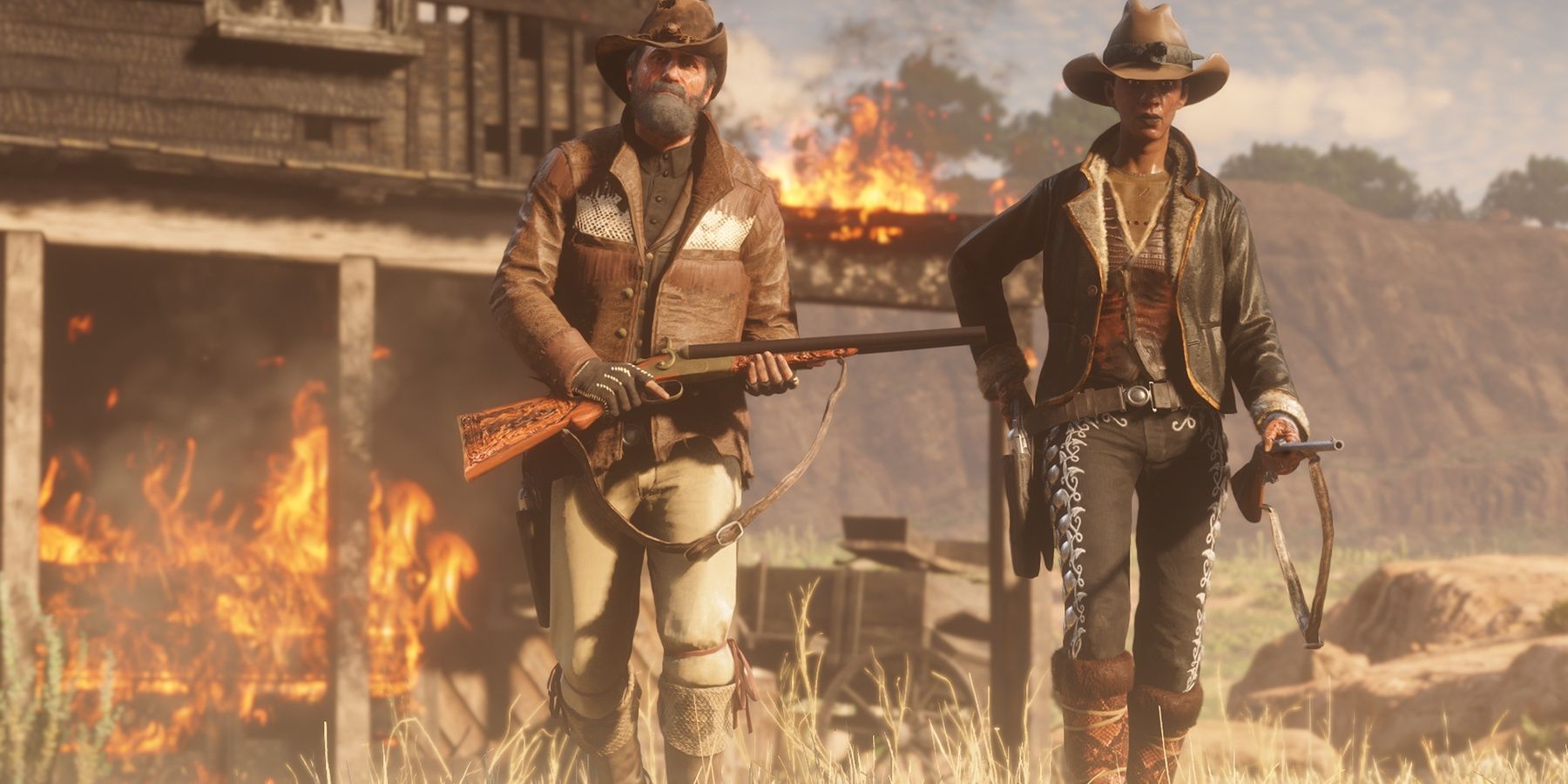 Red Dead Online a female and a male character walking