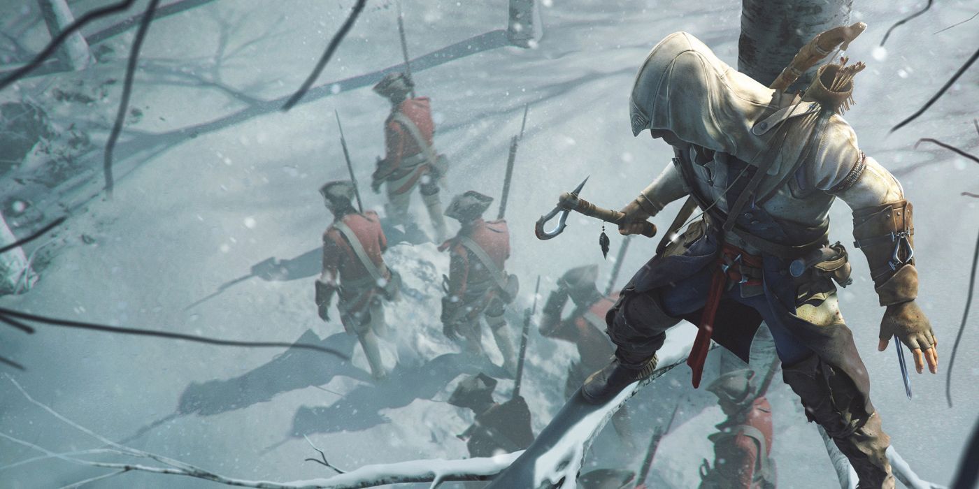 Connor waits to ambush Red Coats in a tree in Assassin's Creed 3