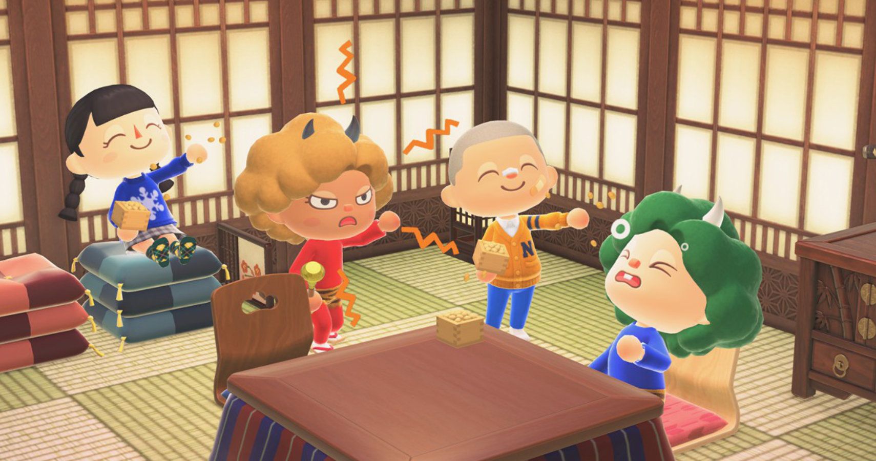 Animal Crossing characters playing with jumping beans.