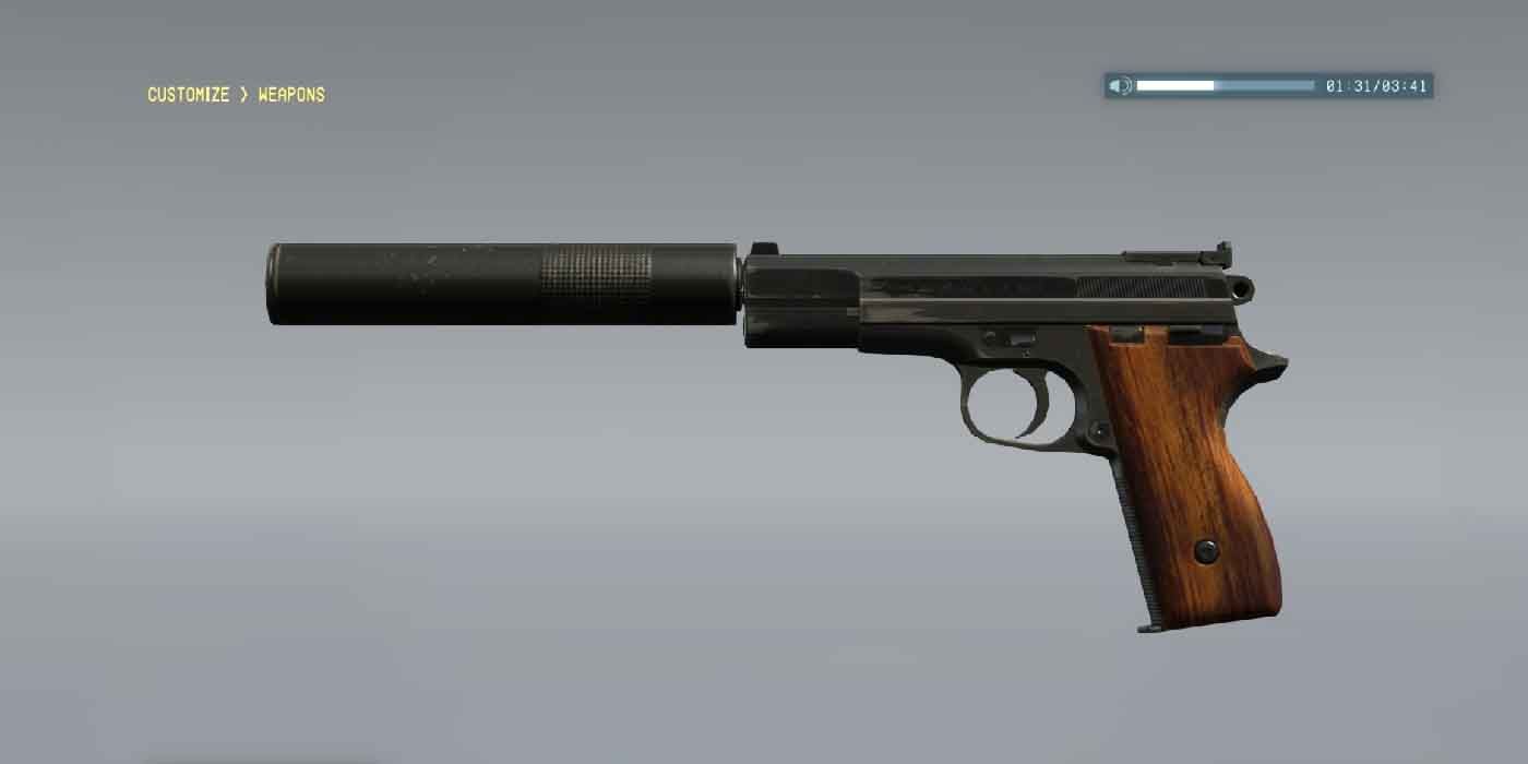Metal Gear Solid 5. Weapon Customization Screen showing the AM D114-9 pistol.