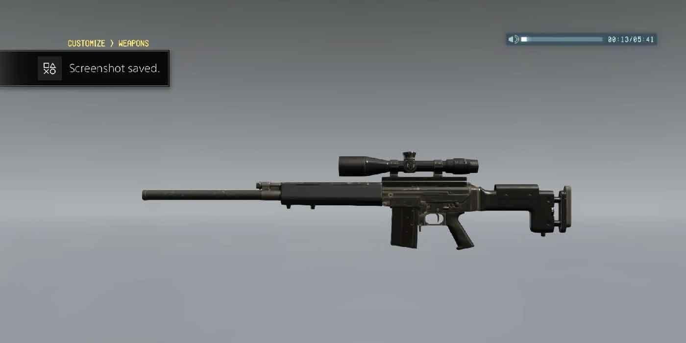 Metal Gear Solid 5. Weapon Customization Screen showing the AM-MRS-73 L sniper rifle.
