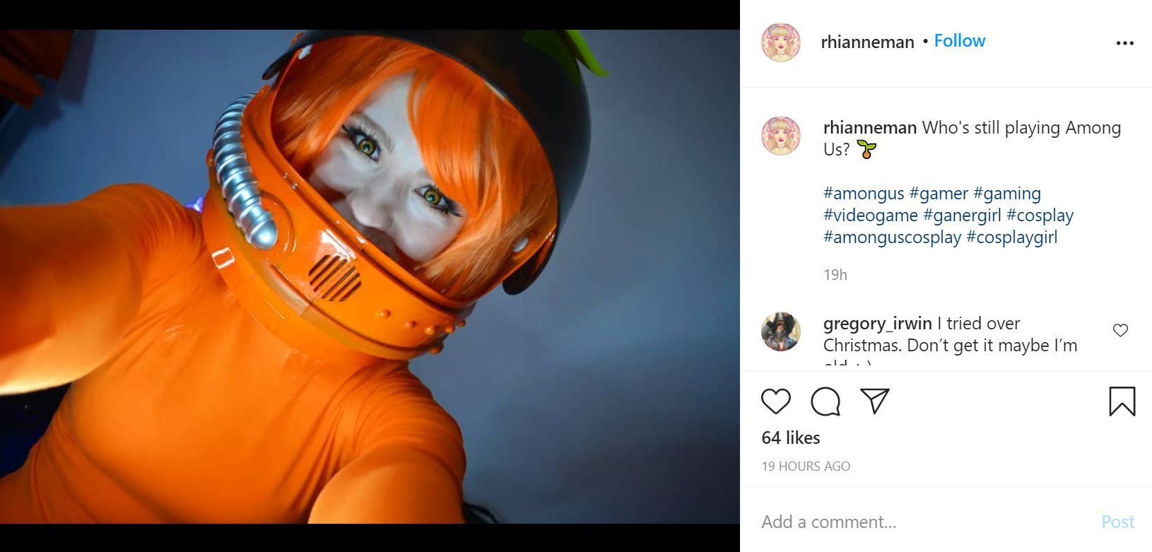 Among Us cosplay by Rhianneman on Instagram