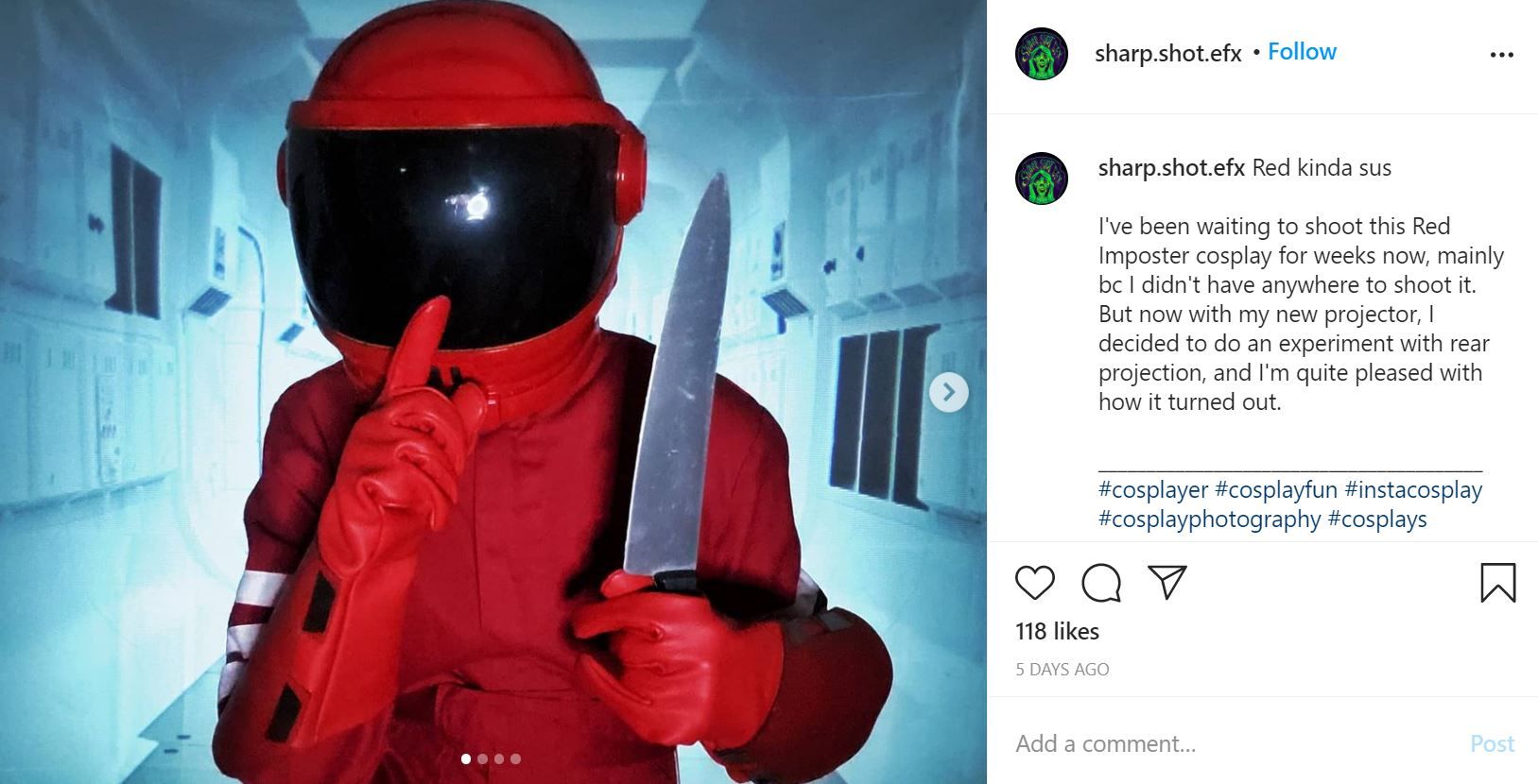 Among Us cosplay by sharp.shot.efx on Instagram