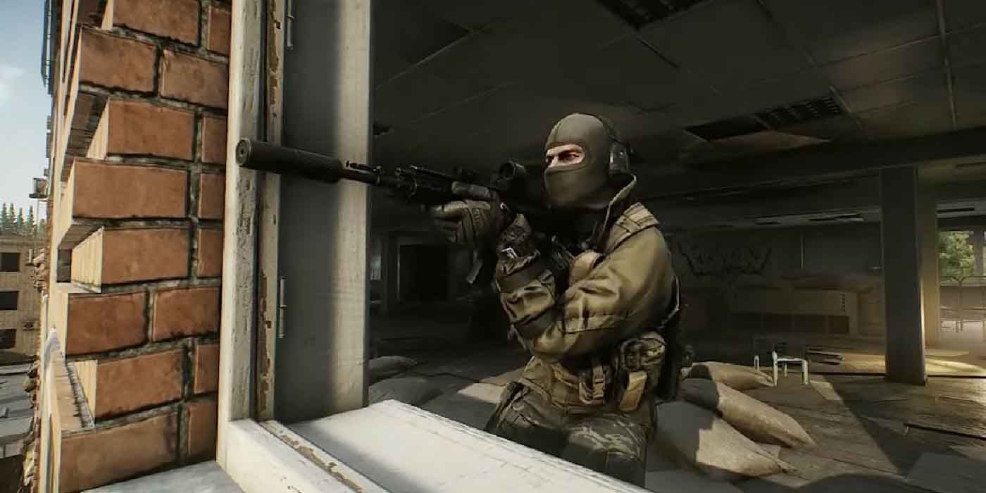 Escape from Tarkov for the PC. A sniper taking aim out of a window.