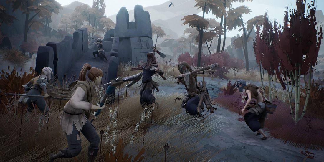 Two players of Ashen taking on a wave of foes in a swamp