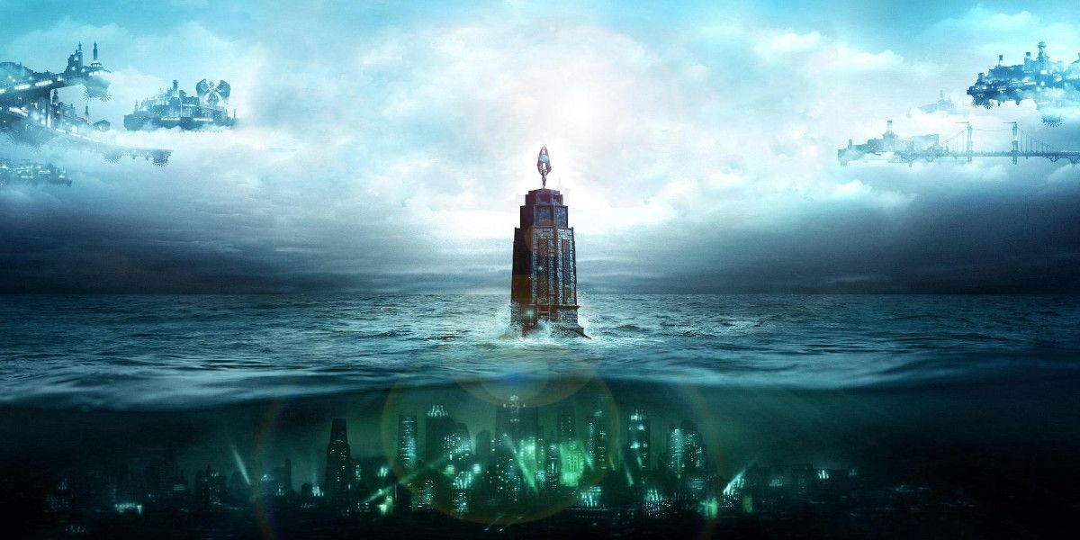 A promotional image for the Bioshock Collection that shows images from all three games