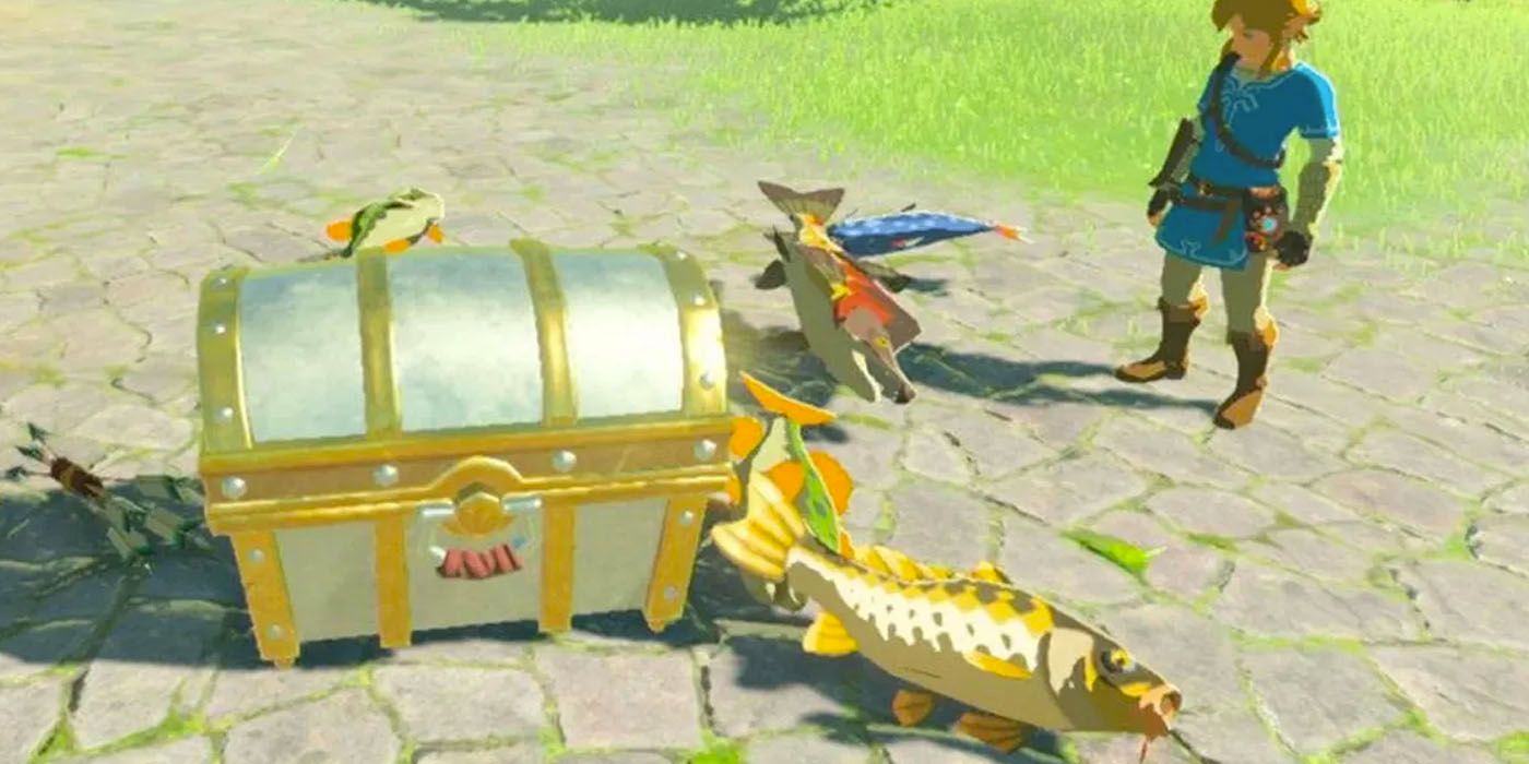 Link looks at a treasure chest surrounded by fish 