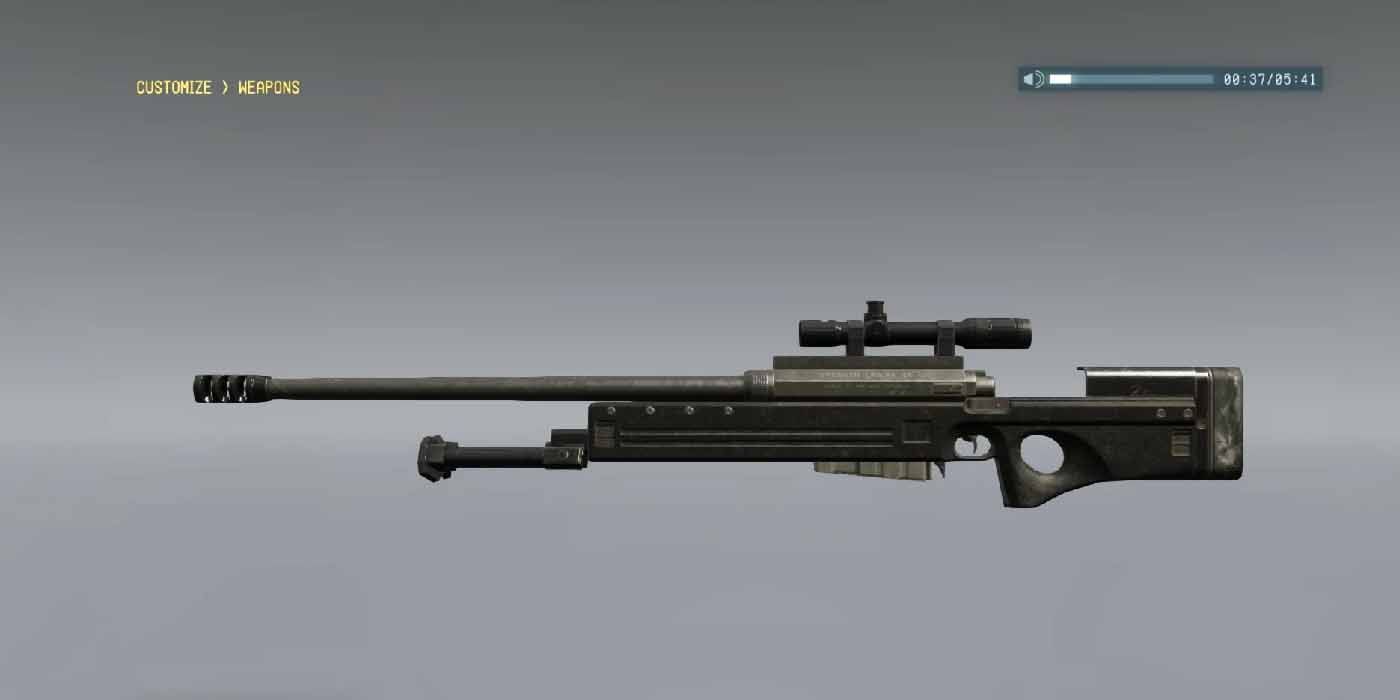 Metal Gear Solid 5. Weapon Customization Screen showing the Brennan LRS-46 sniper rifle.