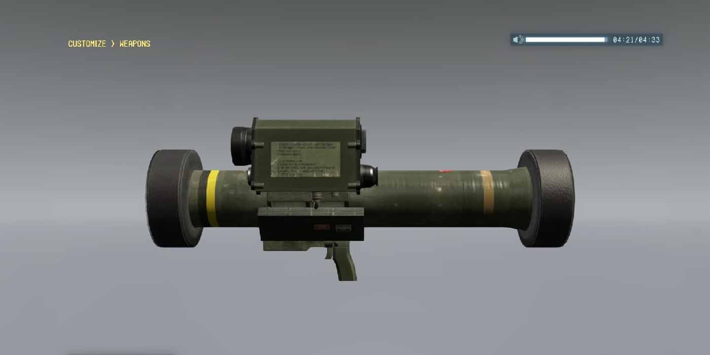Metal Gear Solid 5. Weapon Customization Screen showing the CGM 25 rocket launcher.