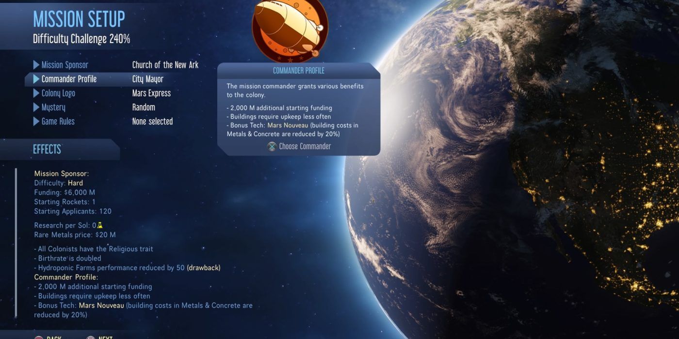 the mission sponsor and commander profile page in surviving mars