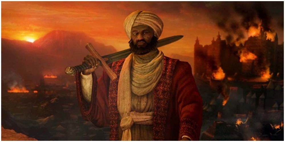 Civilization V Askia With The City Burning Behind Him