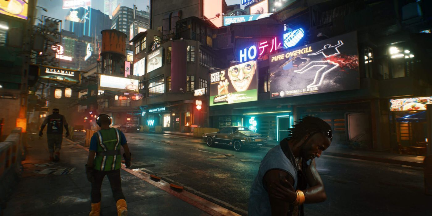 Cyberpunk 2077 night city street with civilians