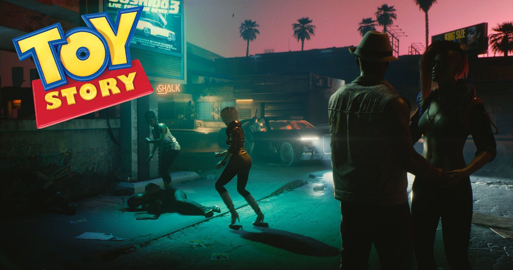 Official Screenshot of Cyberpunk 2077 with Toy Story logo.
