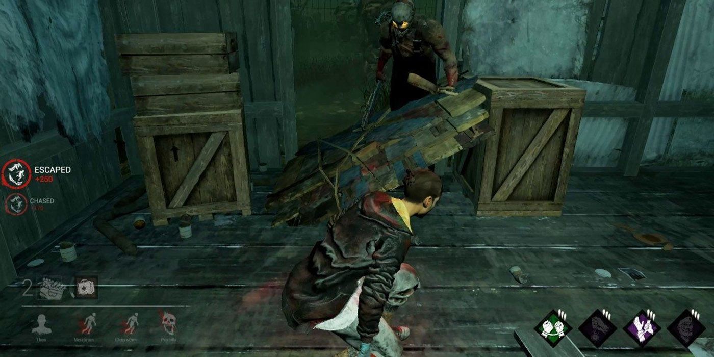 Dead by Daylight Survivor behind a pallet with The Trapper on the other side.