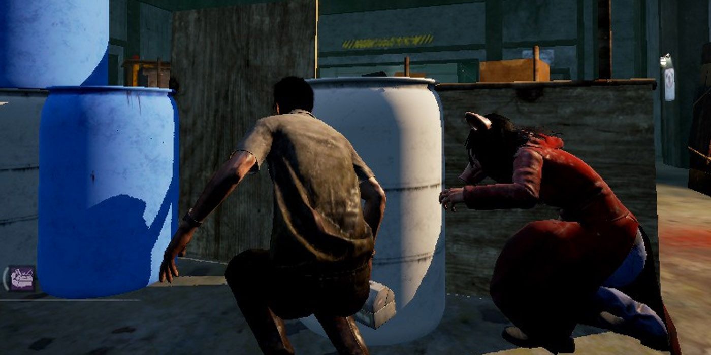 The Pig sneaking up on a crouched Survivor in Dead By Daylight.