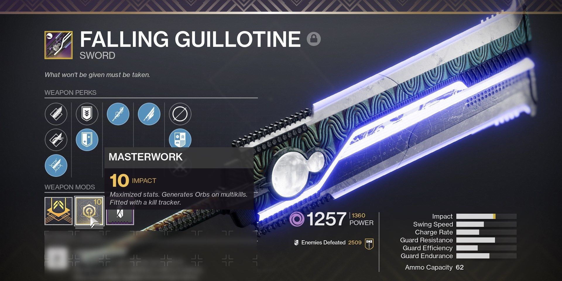 Destiny 2 Falling Guillotine Masterwork Stats