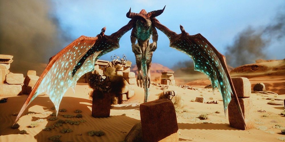 High Dragon flying upwards in a desert