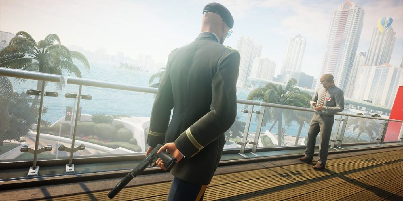 agent 47 in disguise with a gun behind his back