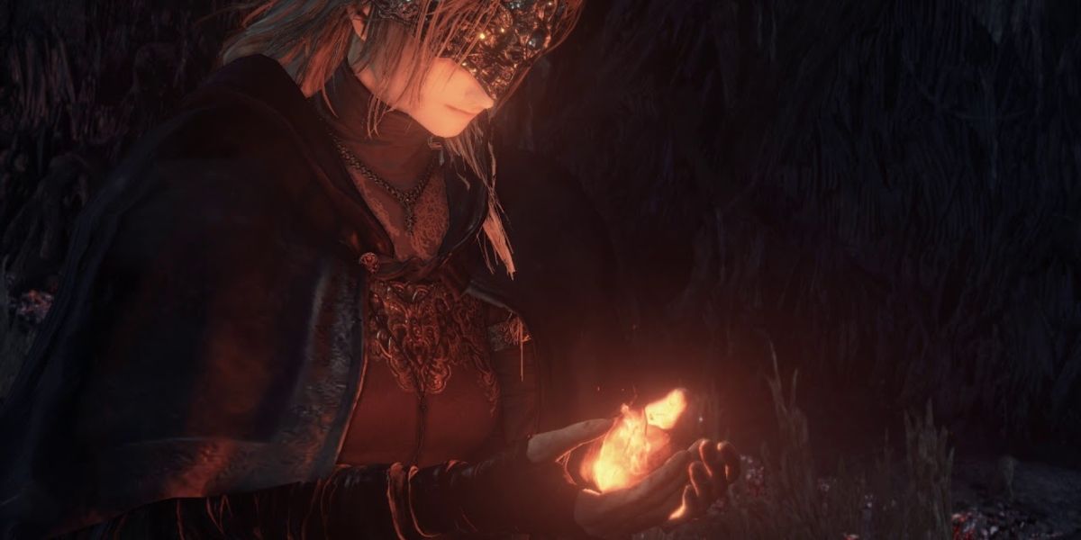 The Firekeeper holding The First Flame in the game's ending