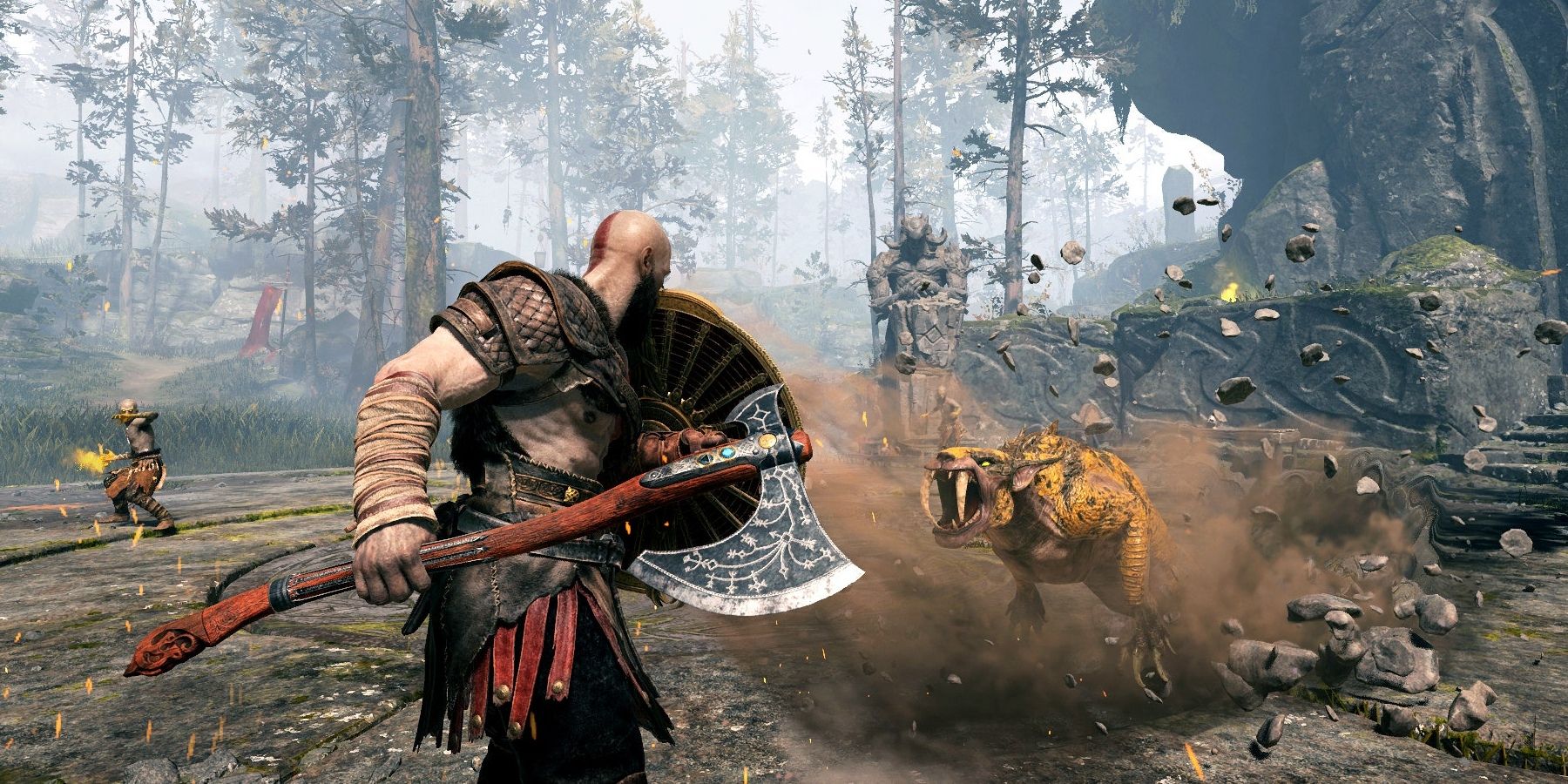 kratos fighting giant cat