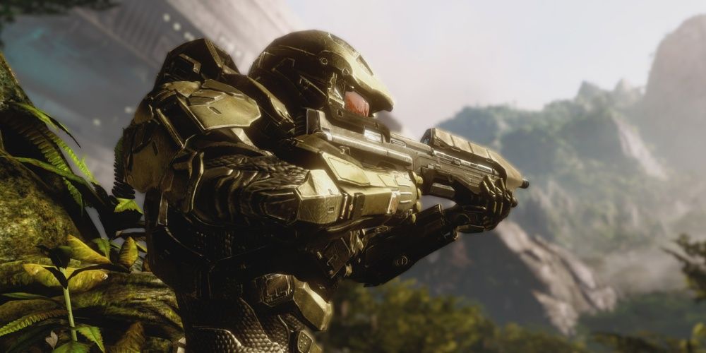 Halo Master Chief Aiming Assault Rifle In The Jungle