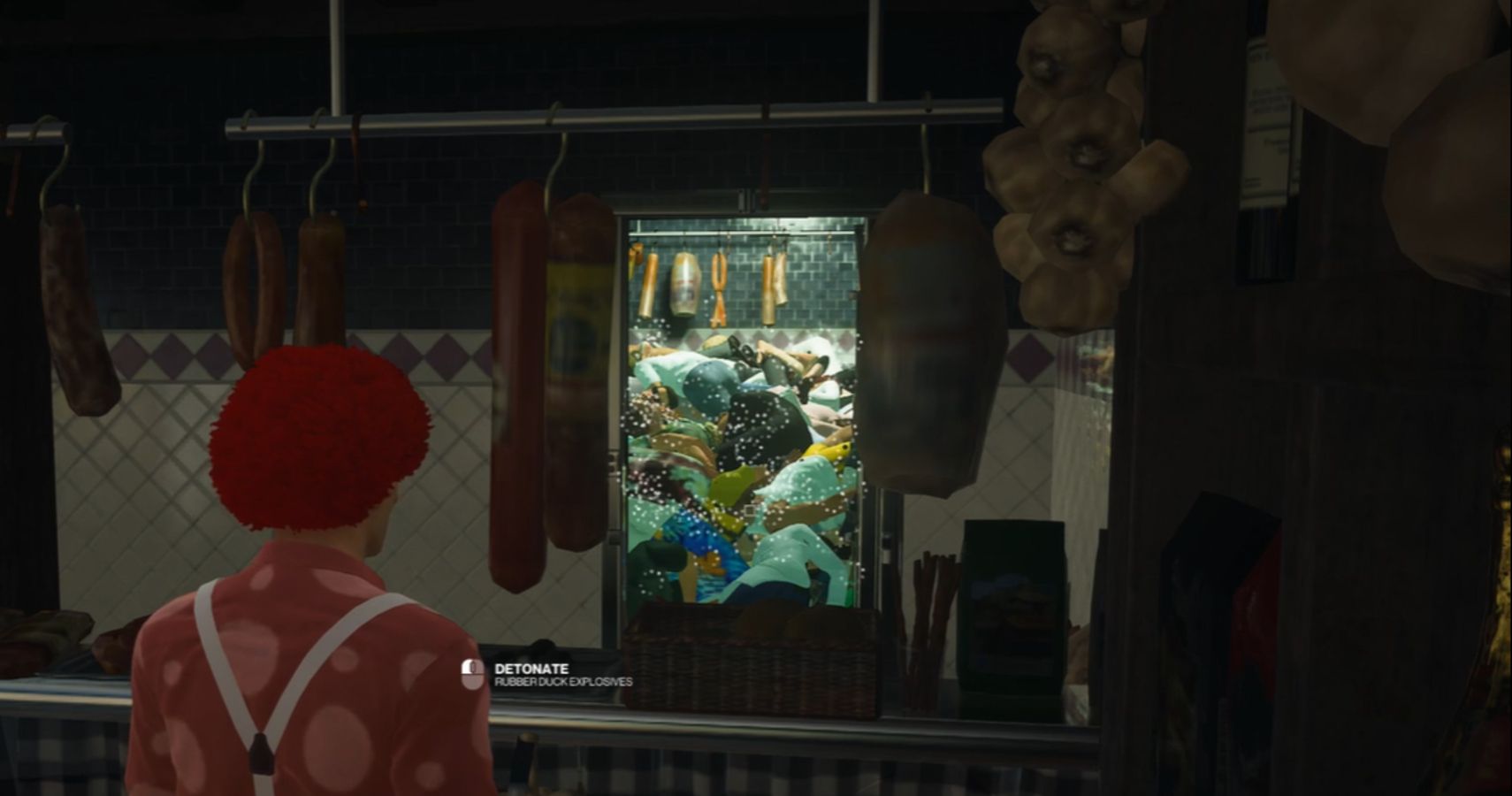 Agent 47 looking at a freezer full of people