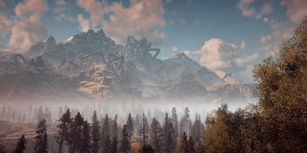 Horizon Zero Dawn Mechanical Snake Embedded In The Mountainside