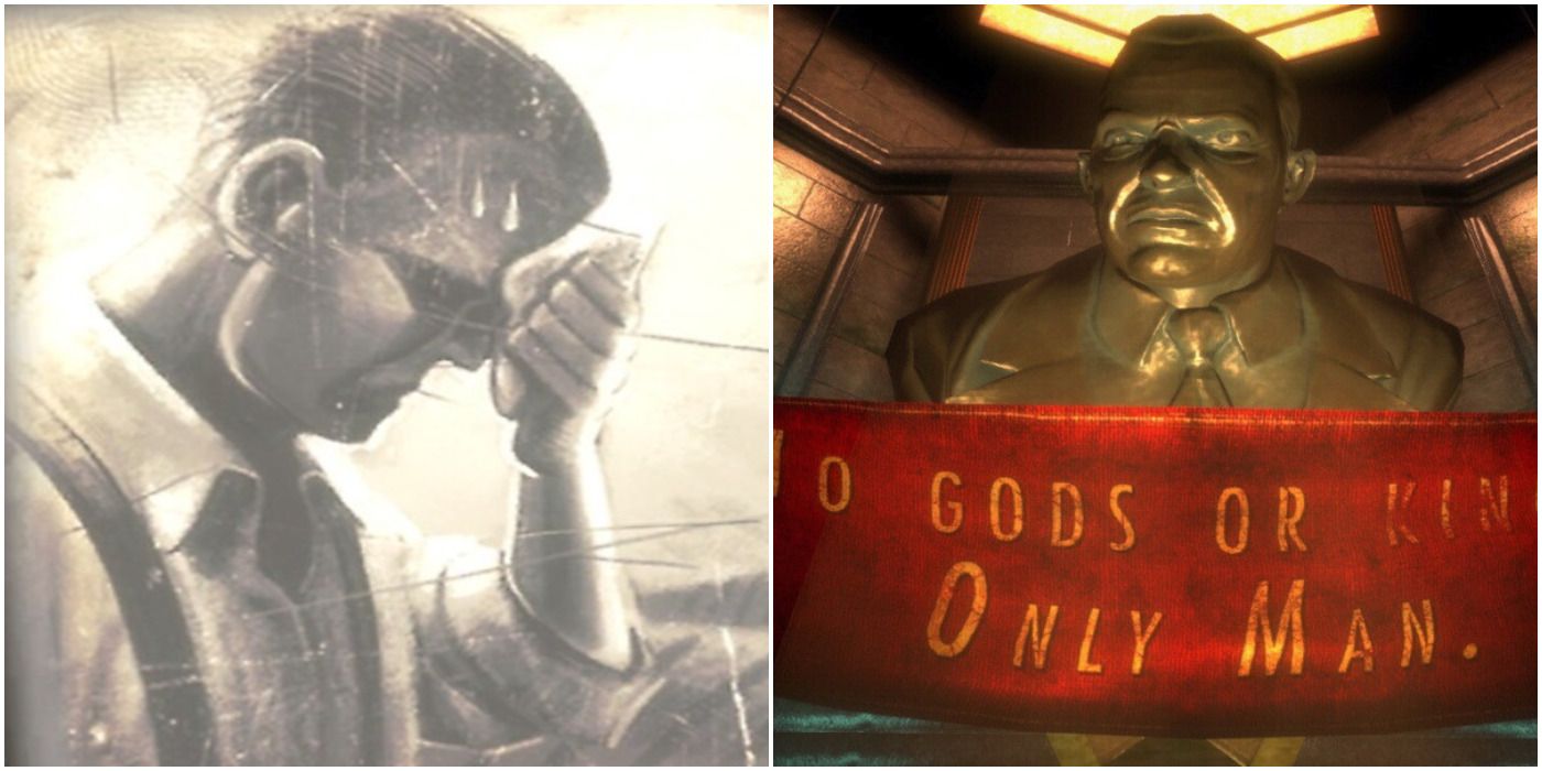 A collage that shows a slide from the opening of Bioshock and a "No Gods or Kings. Only Man" sign at the beginning of the game
