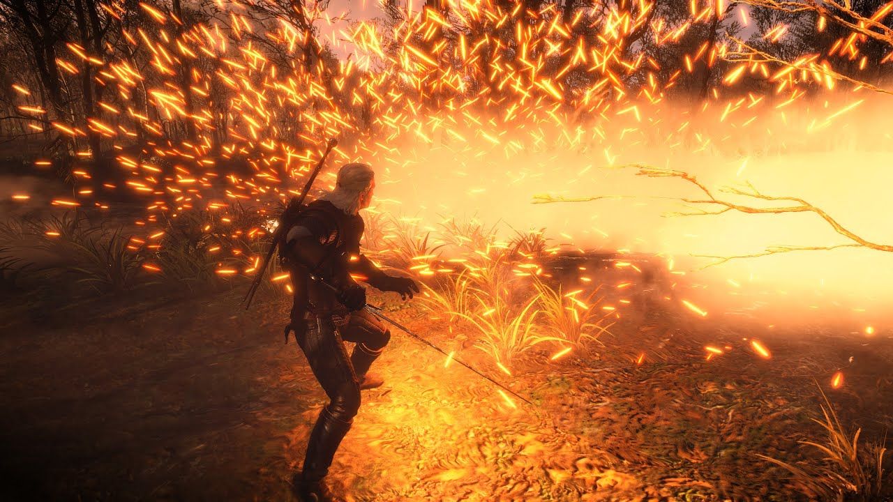 Witcher 3 Screenshot Of Geralt Surrounded By Fire