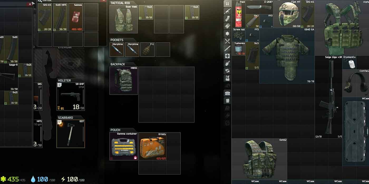 Escape from Tarkov for the PC. Inventory screen.