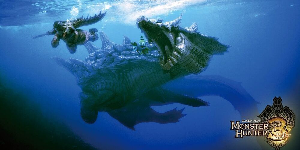 Lagiacrus chasing swimming hunter underwater, Monster Hunter 3