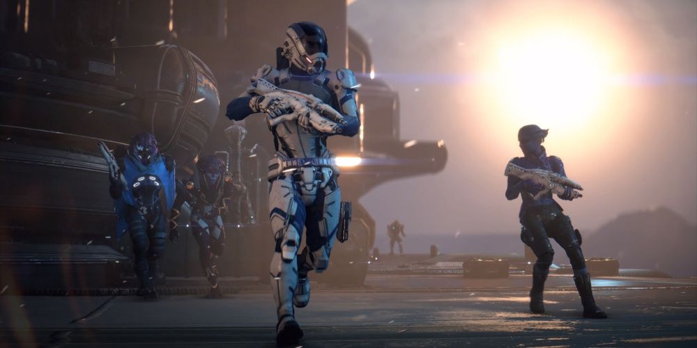 Mass Effect Andromeda Ryder carga con el equipo detrás