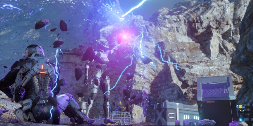 Mass Effect Andromeda Ryder protegiendo al equipo con un escudo biótico