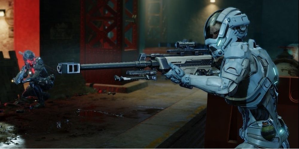 Mass Effect Andromeda Ryder sale de su escondite con un rifle de francotirador