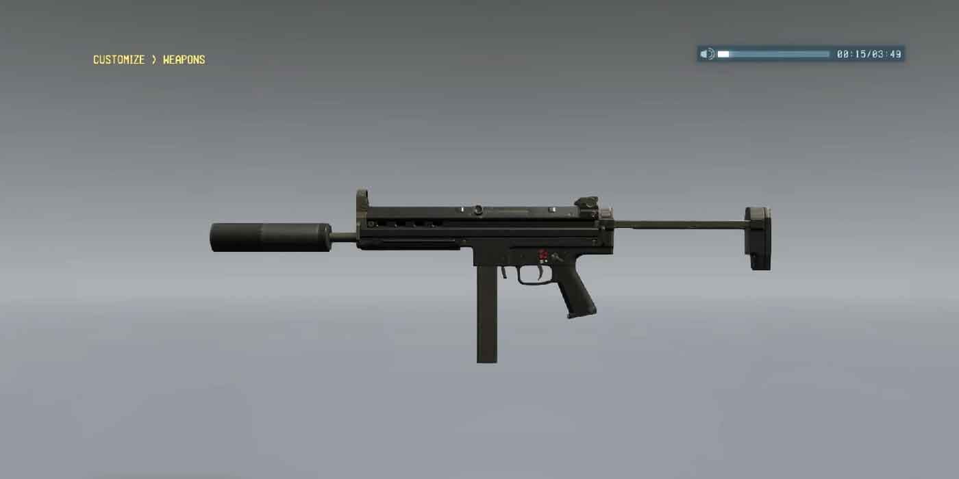 Metal Gear Solid 5. Weapon Customization Screen showing the Mecht-37 submachine gun.