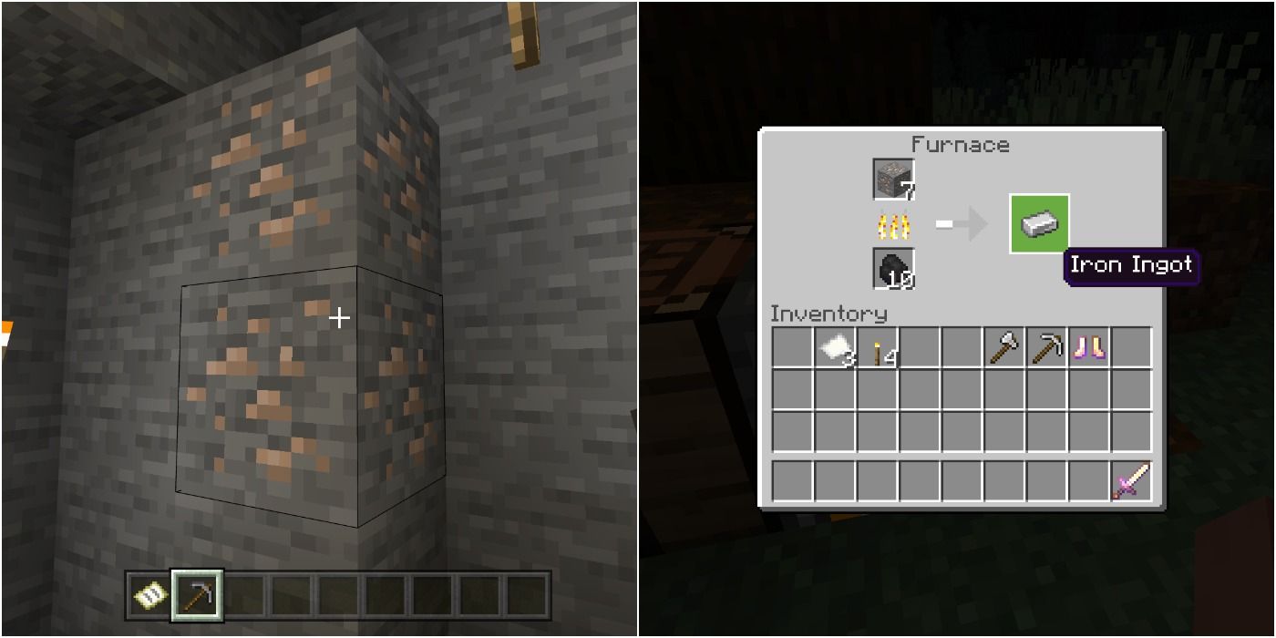 Minecraft Split Image of Iron Ore and Smelting Iron