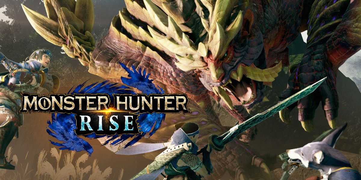 Two teammates and a dog hunting a giant creature in the Monster Hunter Rise box art