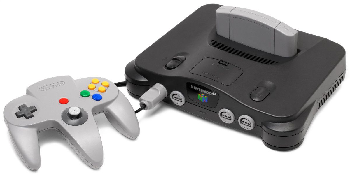 A picture of the Nintendo 64 and its controller against a white background